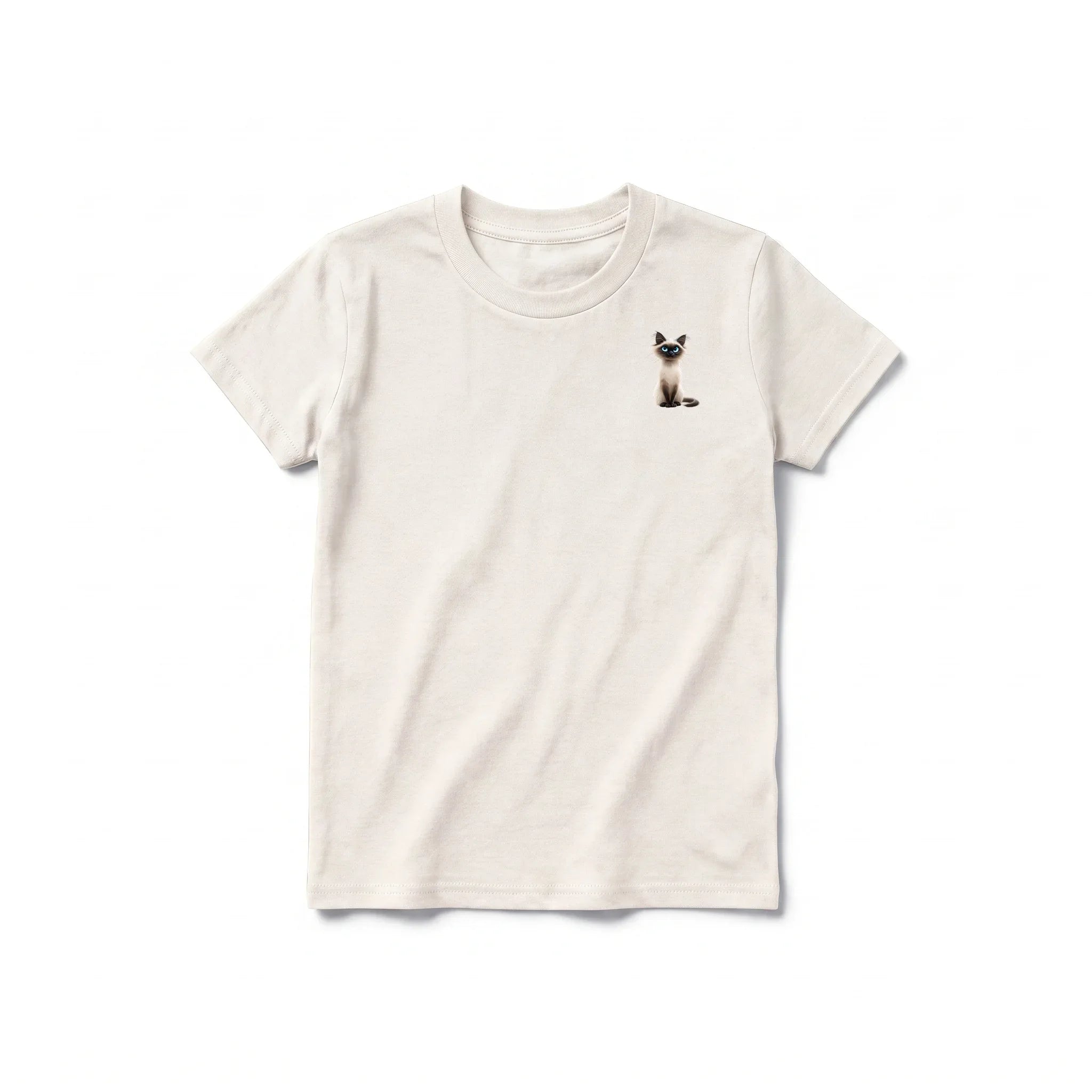A vintage-white short-sleeve crewneck t-shirt for youth featuring a graphic of a cat on the left chest.