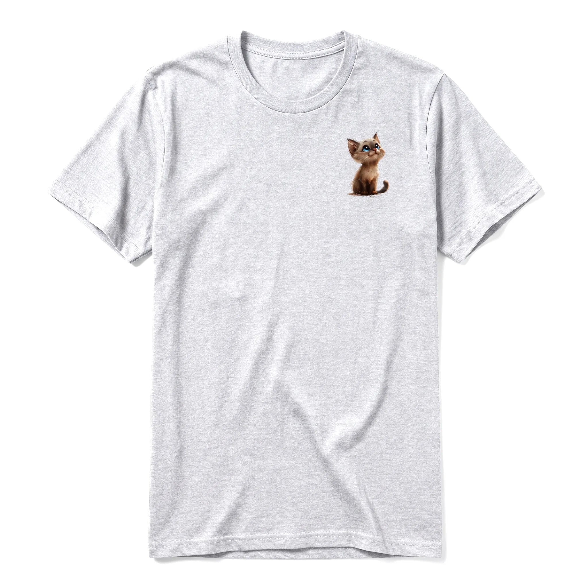 A ash grey short-sleeve crewneck t-shirt for adult featuring a graphic of a cat on the left chest.