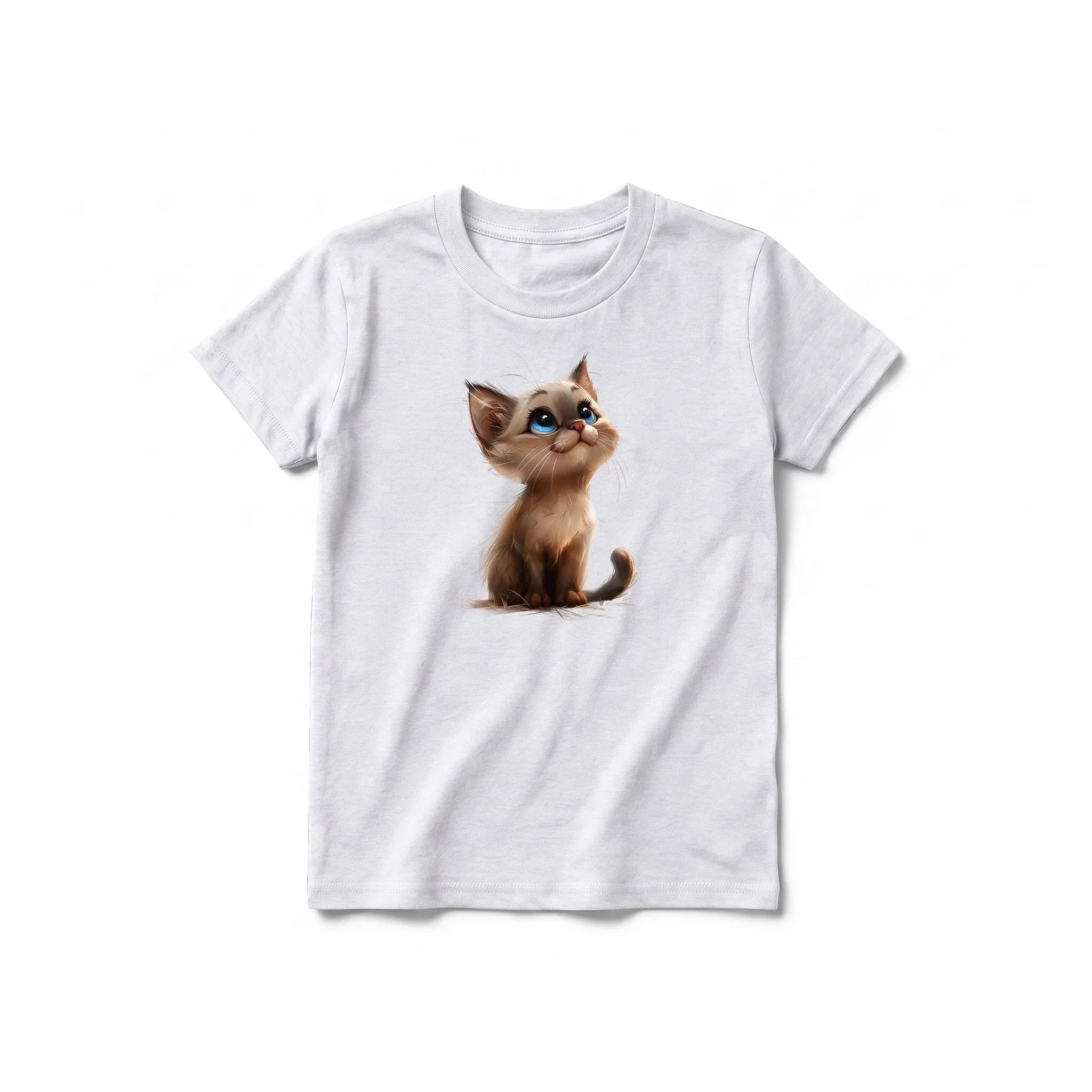 A ash grey short-sleeve crewneck t-shirt for youth featuring a graphic of a cat on the front.