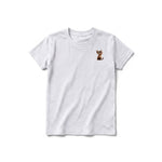 A ash grey short-sleeve crewneck t-shirt for youth featuring a graphic of a cat on the left chest.