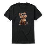 A black short-sleeve crewneck t-shirt for adult featuring a graphic of a cat on the front.