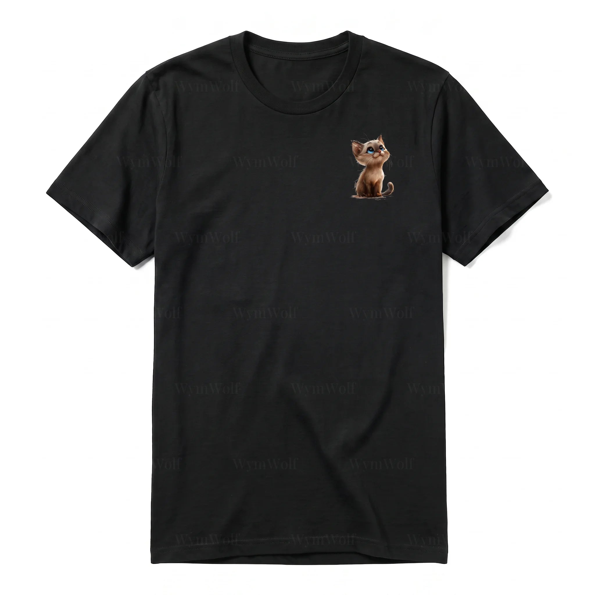A black short-sleeve crewneck t-shirt for adult featuring a graphic of a cat on the left chest.