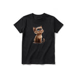 A black short-sleeve crewneck t-shirt for youth featuring a graphic of a cat on the front.