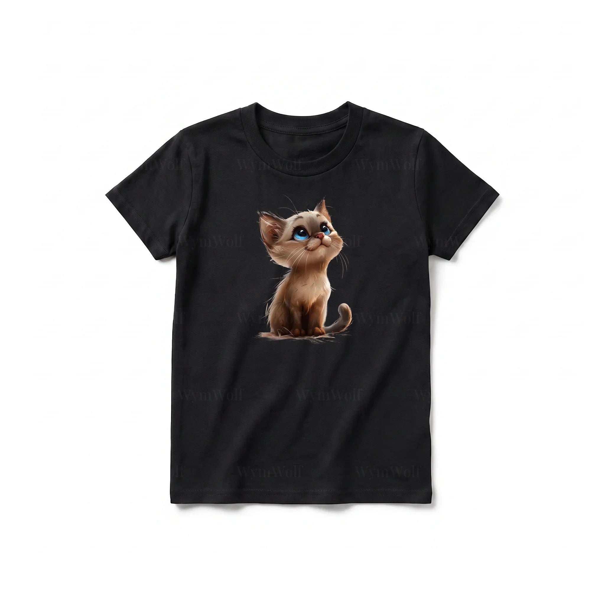 A black short-sleeve crewneck t-shirt for youth featuring a graphic of a cat on the front.