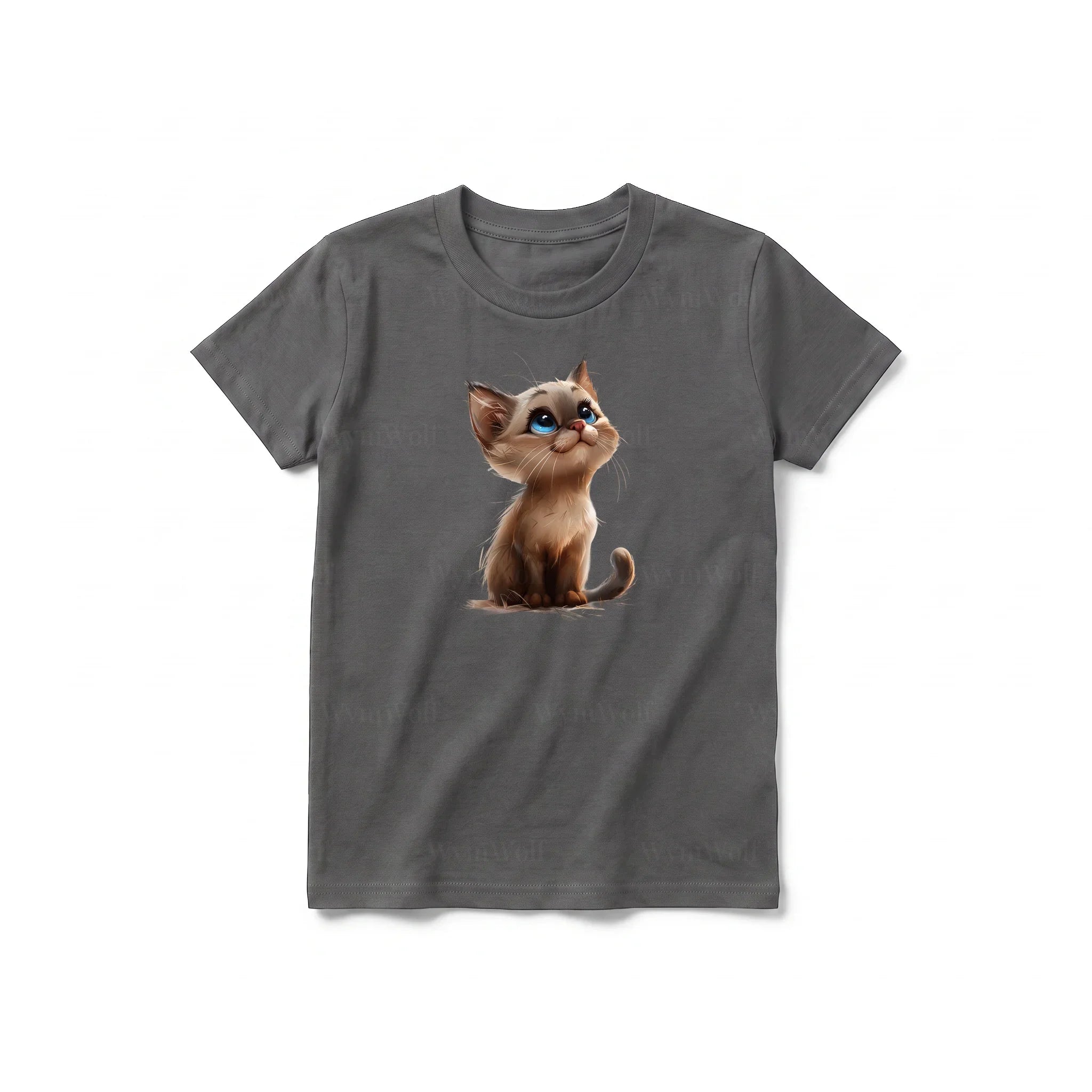 Un T-shirt charbon à manches courtes et col rond pour jeune, orné d'un motif représentant un chat sur le devant.