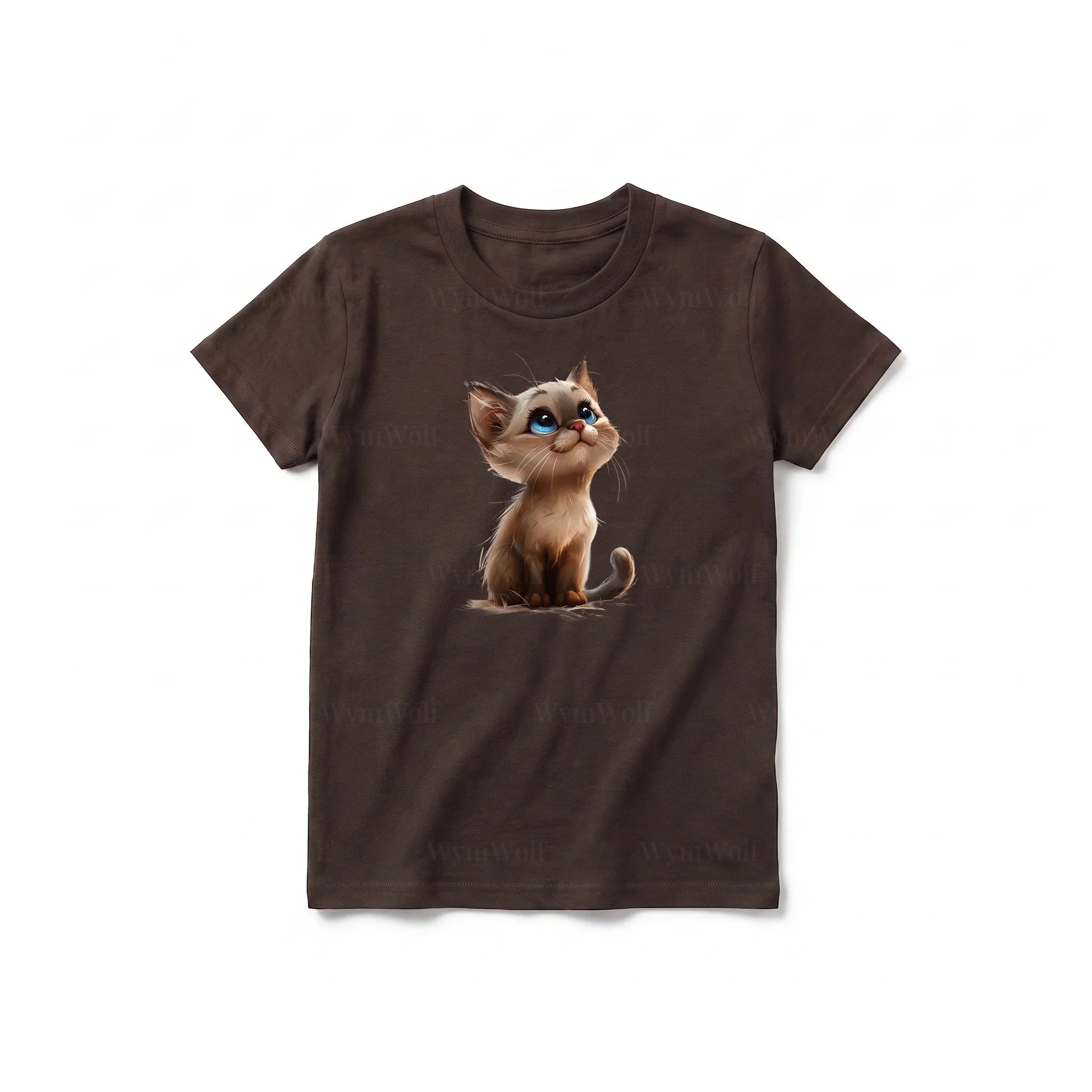 Un T-shirt chocolat à manches courtes et col rond pour jeune, orné d'un motif représentant un chat sur le devant.