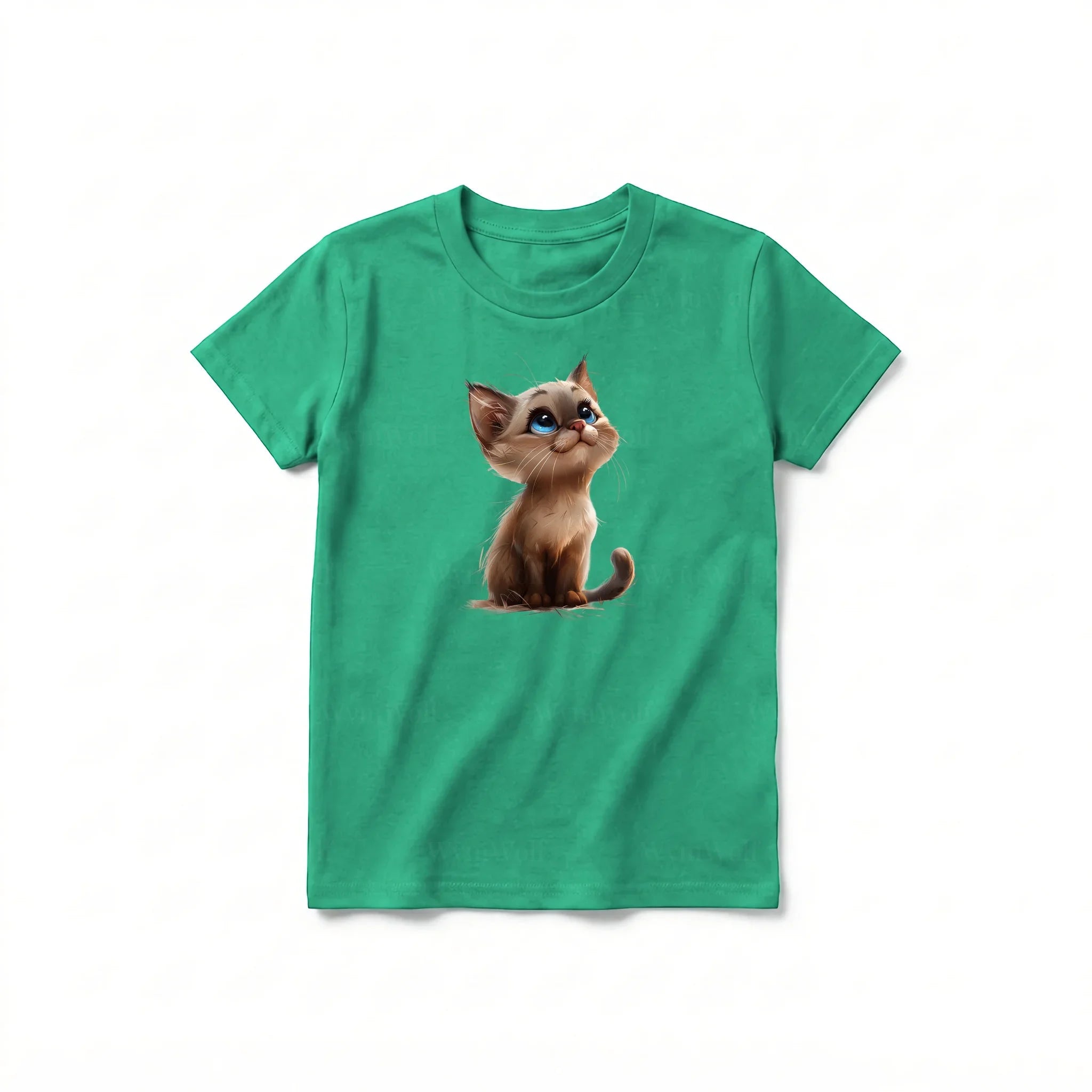 Un T-shirt kelly à manches courtes et col rond pour jeune, orné d'un motif représentant un chat sur le devant.