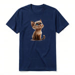 A navy short-sleeve crewneck t-shirt for adult featuring a graphic of a cat on the front.