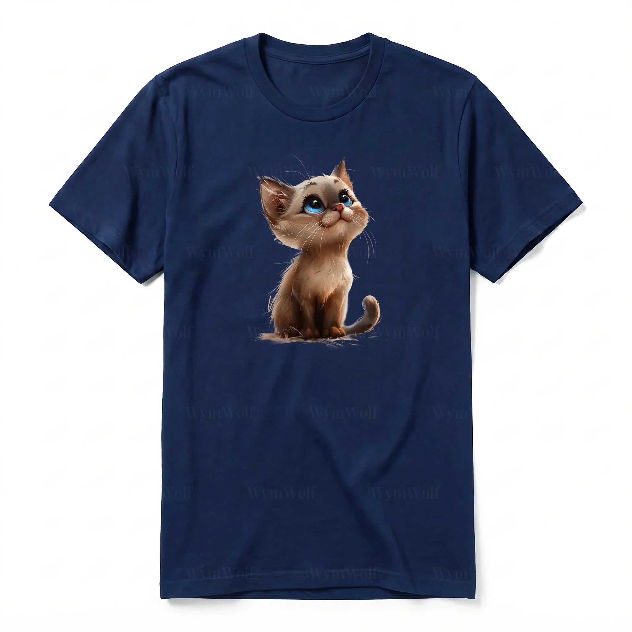 A navy short-sleeve crewneck t-shirt for adult featuring a graphic of a cat on the front.