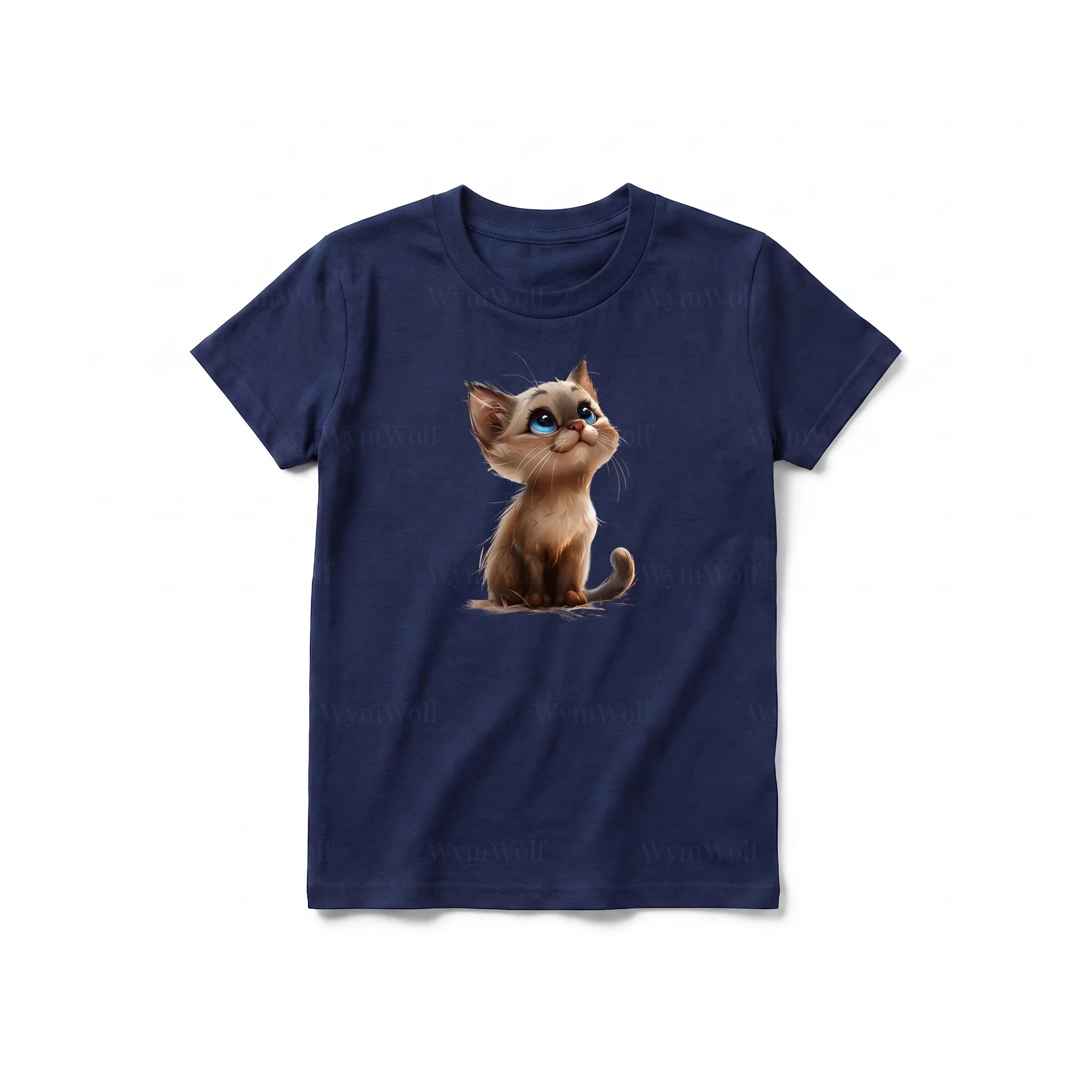 A navy short-sleeve crewneck t-shirt for youth featuring a graphic of a cat on the front.