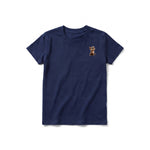 A navy short-sleeve crewneck t-shirt for youth featuring a graphic of a cat on the left chest.