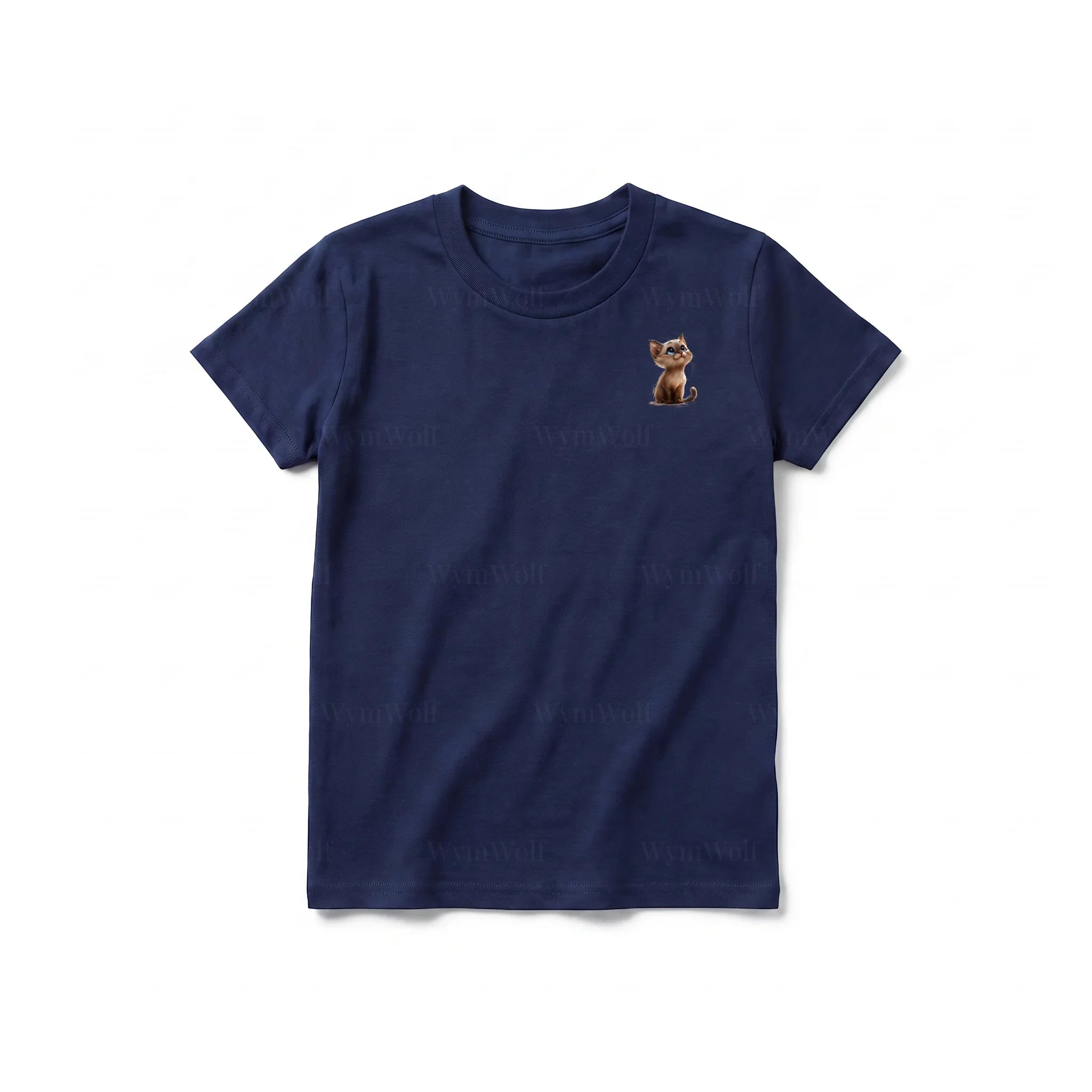 A navy short-sleeve crewneck t-shirt for youth featuring a graphic of a cat on the left chest.