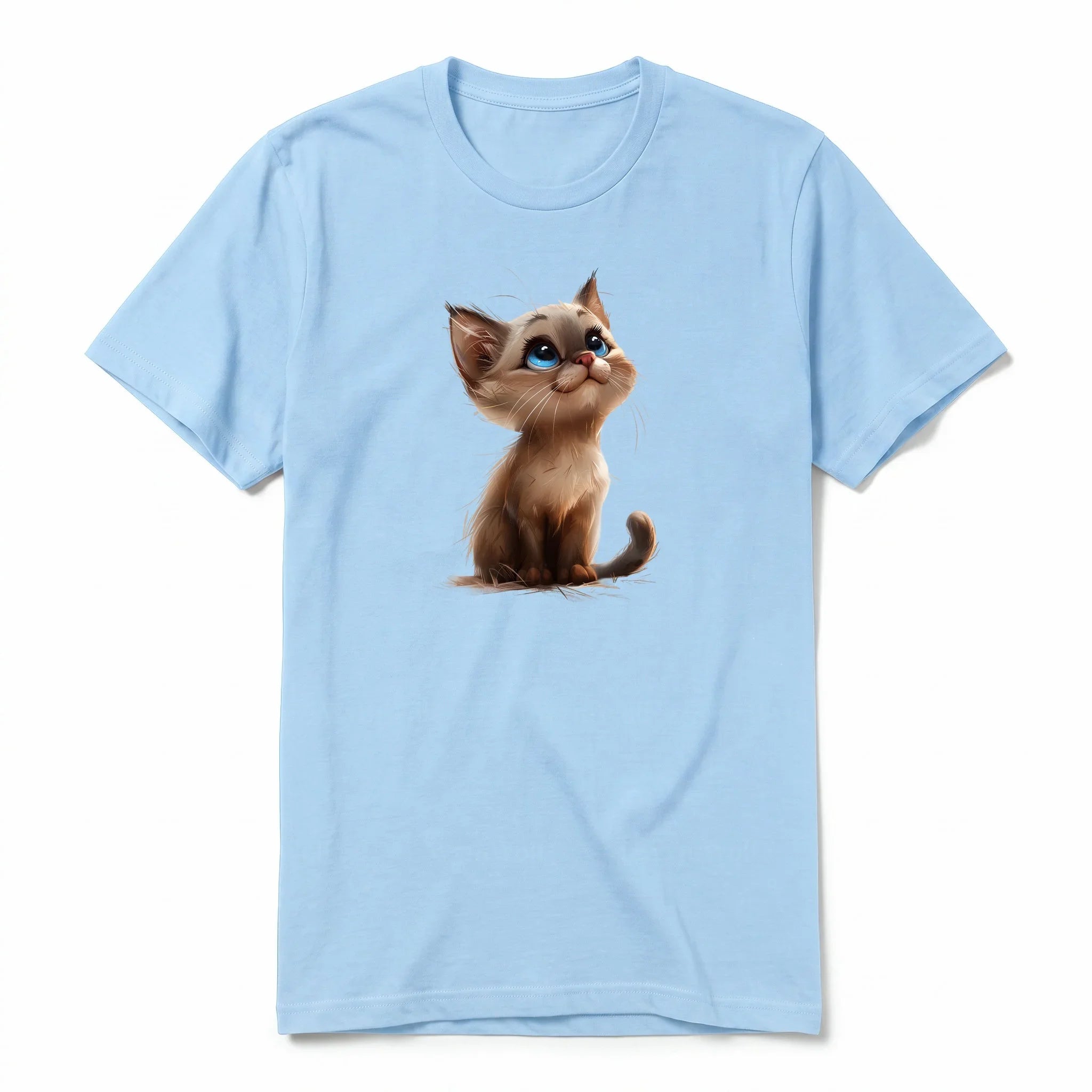 Un T-shirt poudre à manches courtes et col rond, orné d'un motif représentant un chat sur le devant.