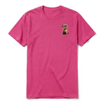 A raspberry short-sleeve crewneck t-shirt for adult featuring a graphic of a cat on the left chest.