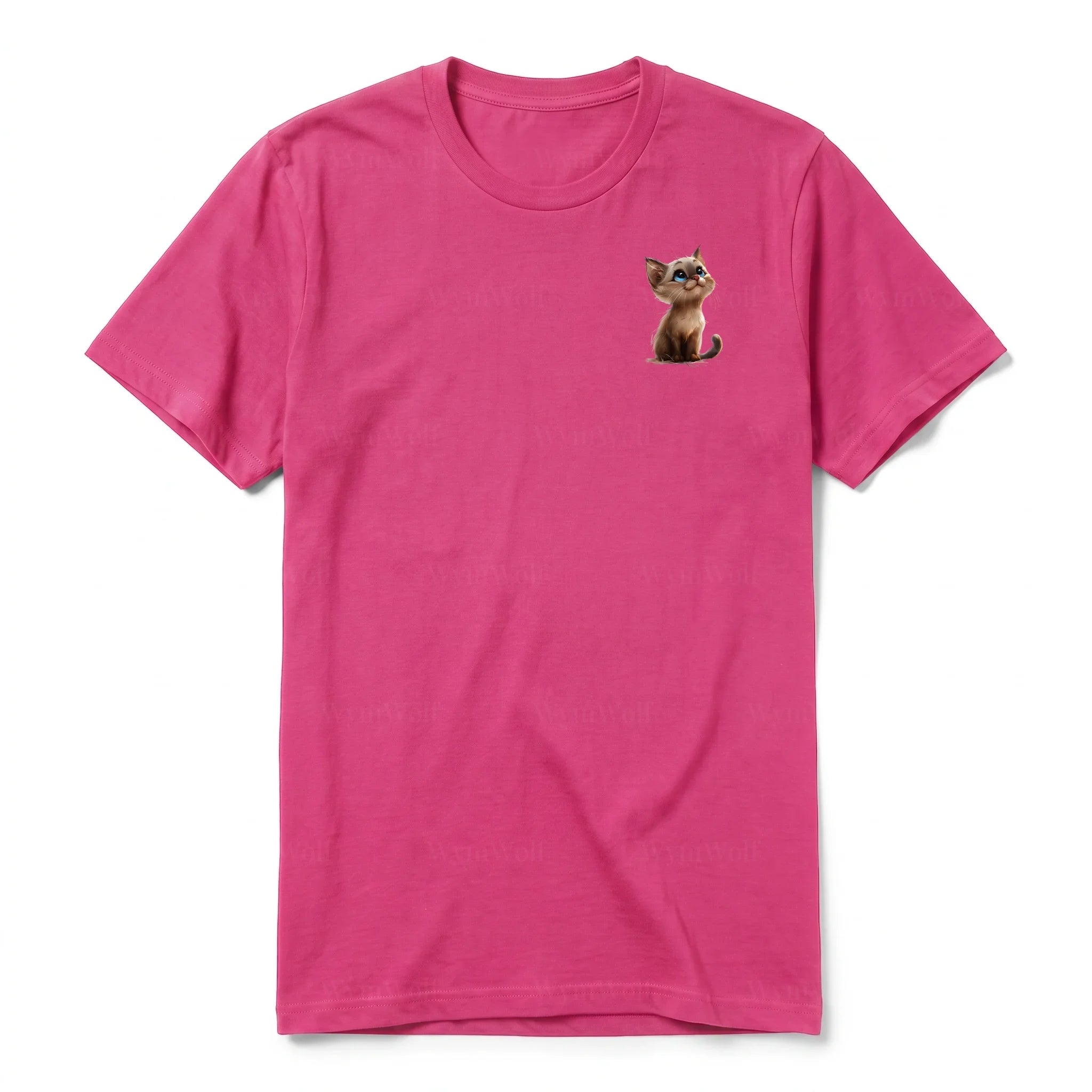 A raspberry short-sleeve crewneck t-shirt for adult featuring a graphic of a cat on the left chest.