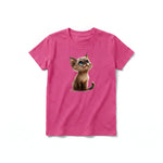 A raspberry short-sleeve crewneck t-shirt for youth featuring a graphic of a cat on the front.