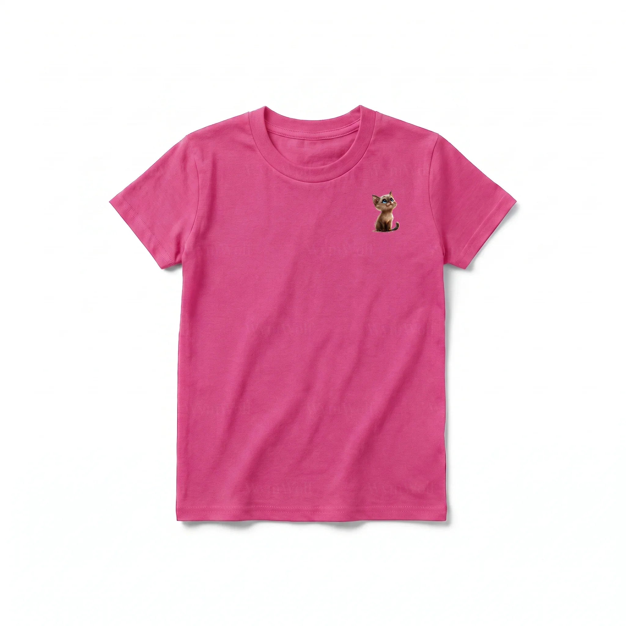 A raspberry short-sleeve crewneck t-shirt for youth featuring a graphic of a cat on the left chest.