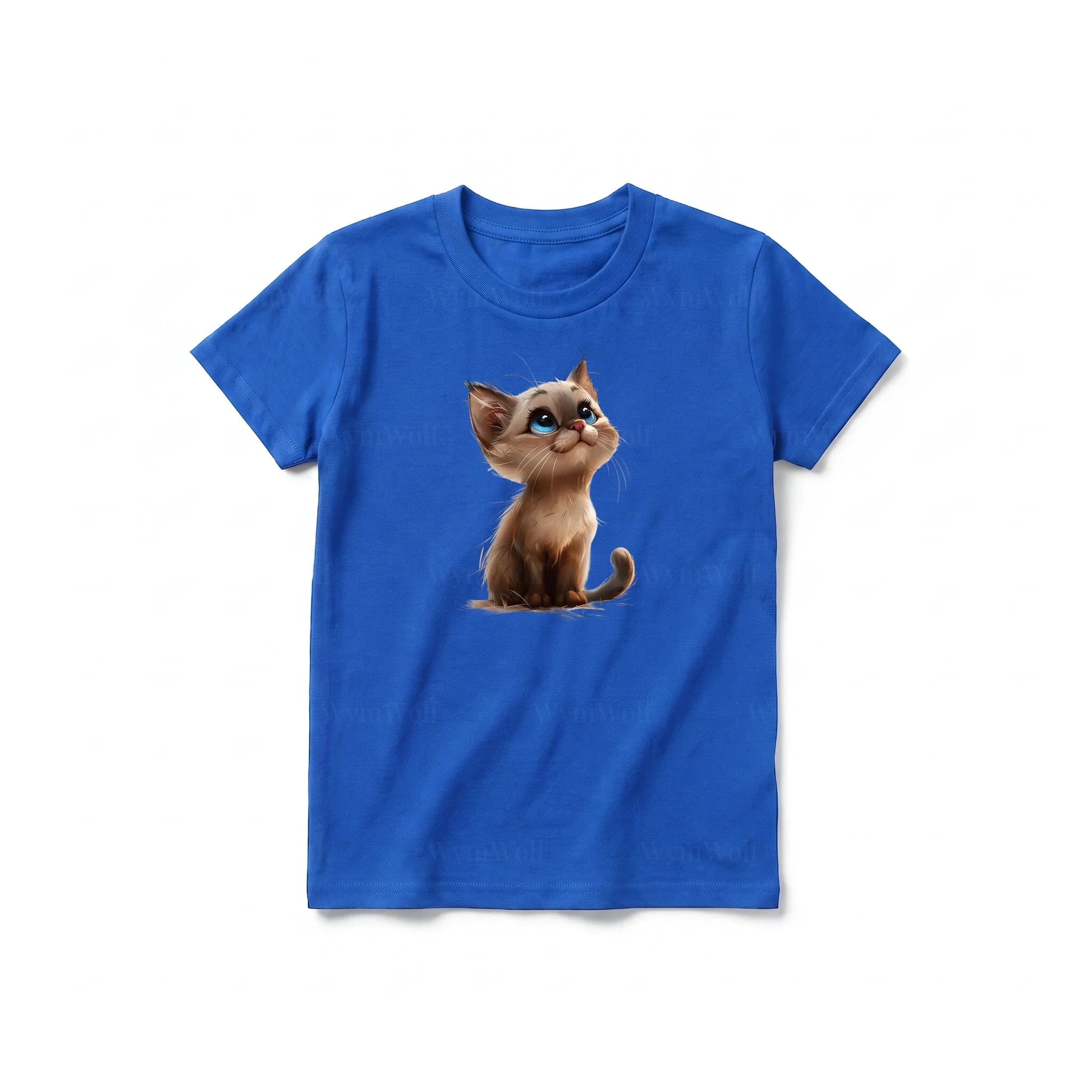Un T-shirt royal à manches courtes et col rond pour jeune, orné d'un motif représentant un chat sur le devant.