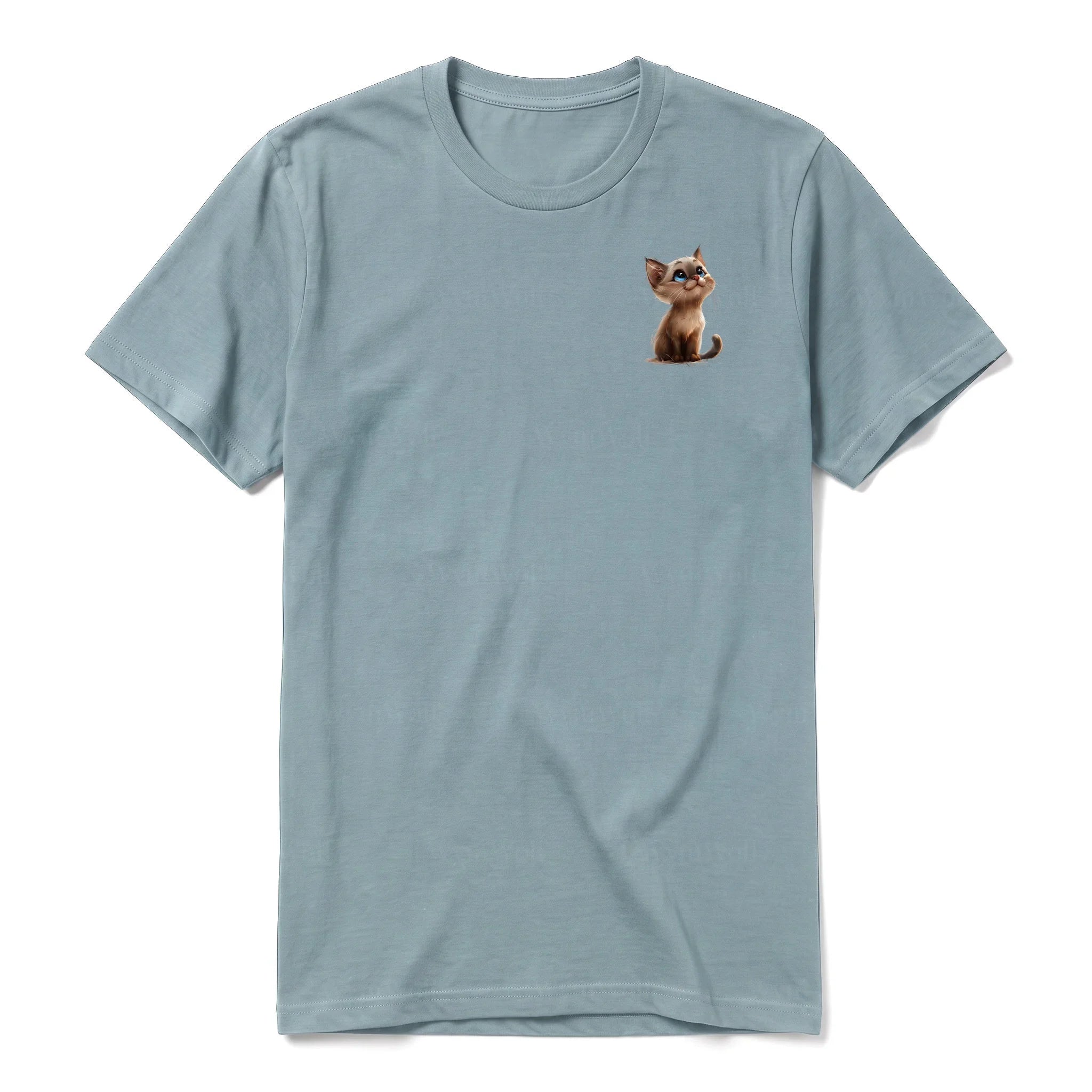 A sage short-sleeve crewneck t-shirt for adult featuring a graphic of a cat on the left chest.