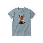 A sage short-sleeve crewneck t-shirt for youth featuring a graphic of a cat on the front.