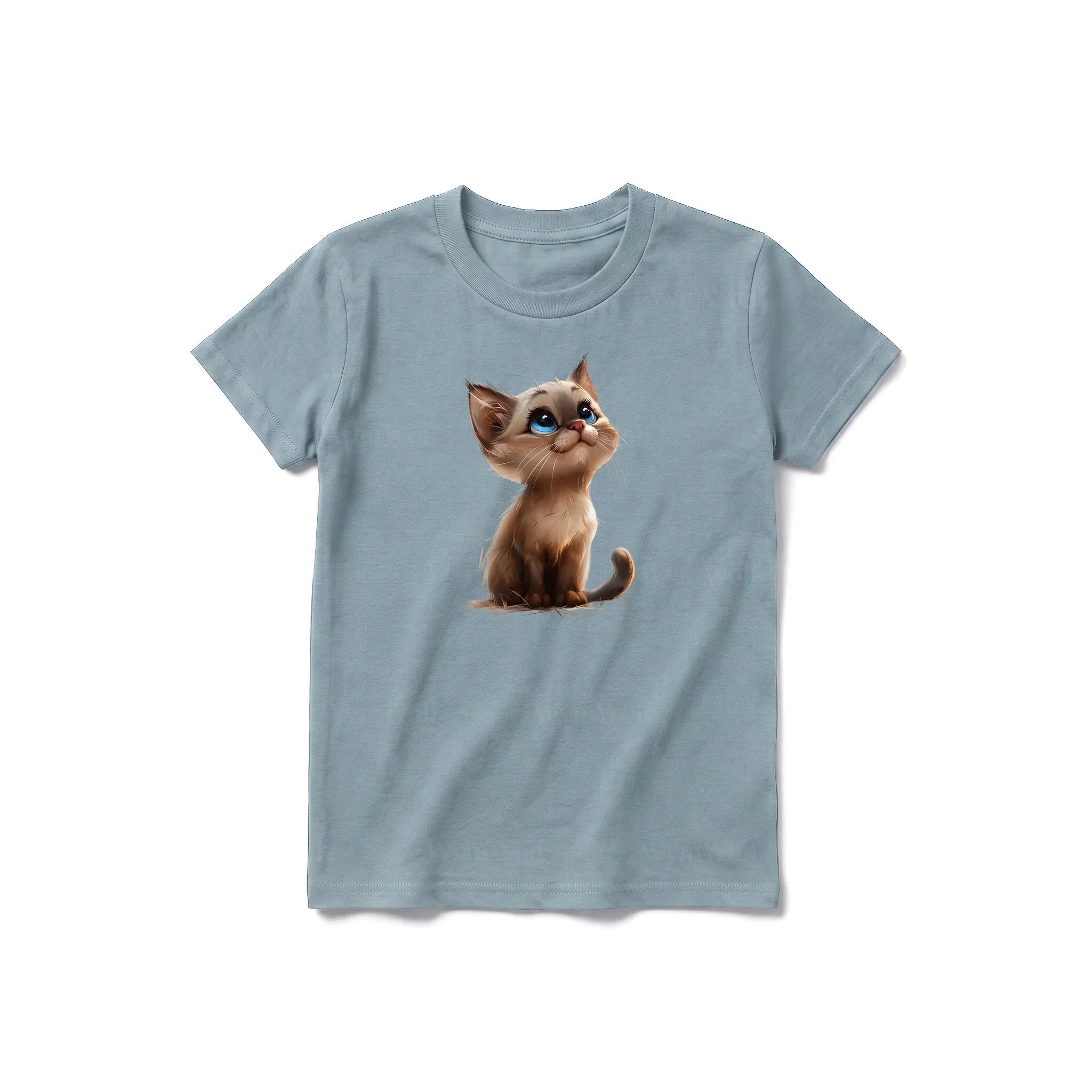 A sage short-sleeve crewneck t-shirt for youth featuring a graphic of a cat on the front.