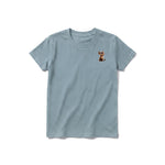 A sage short-sleeve crewneck t-shirt for youth featuring a graphic of a cat on the left chest.