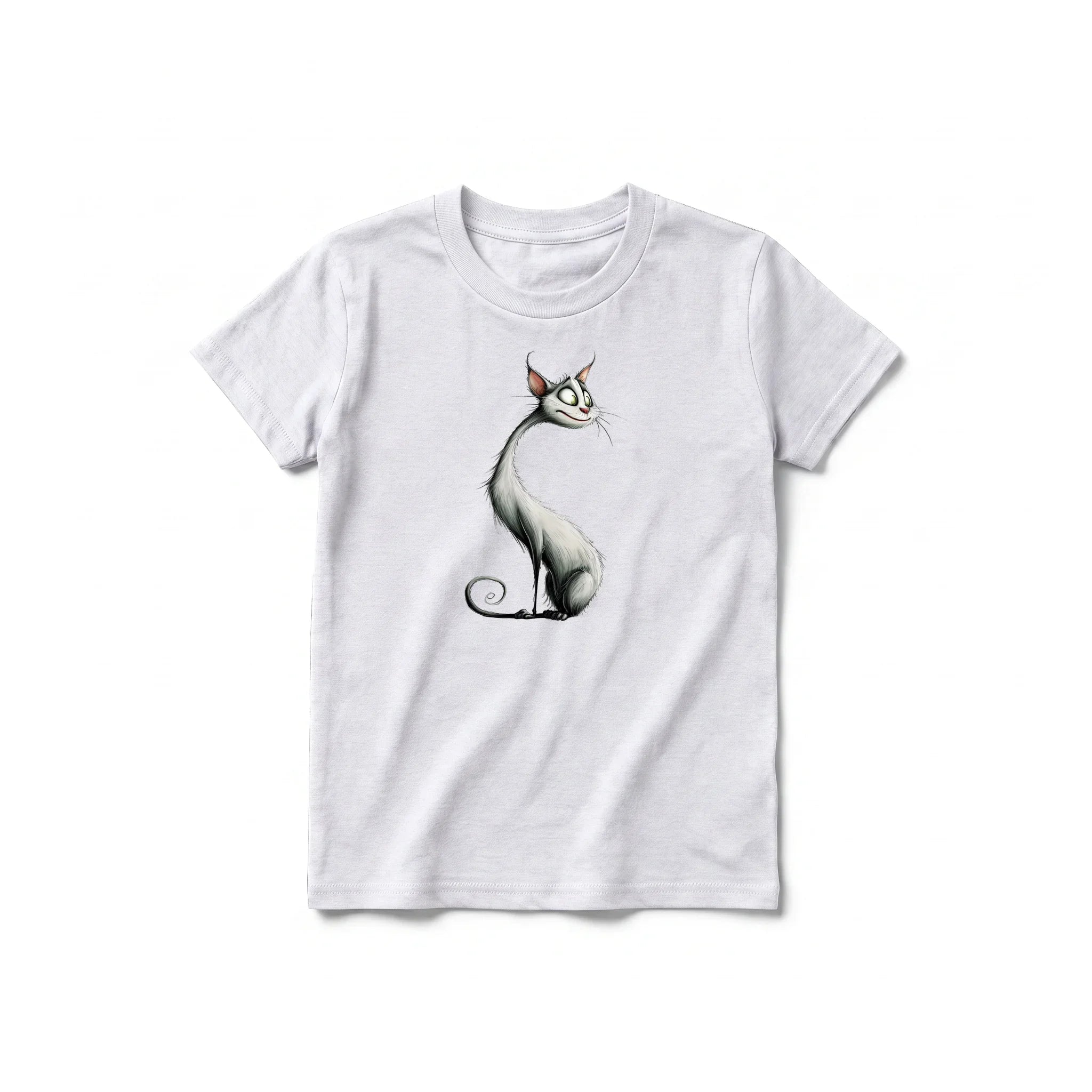 A ash grey short-sleeve crewneck t-shirt for youth featuring a graphic of a cat on the front.
