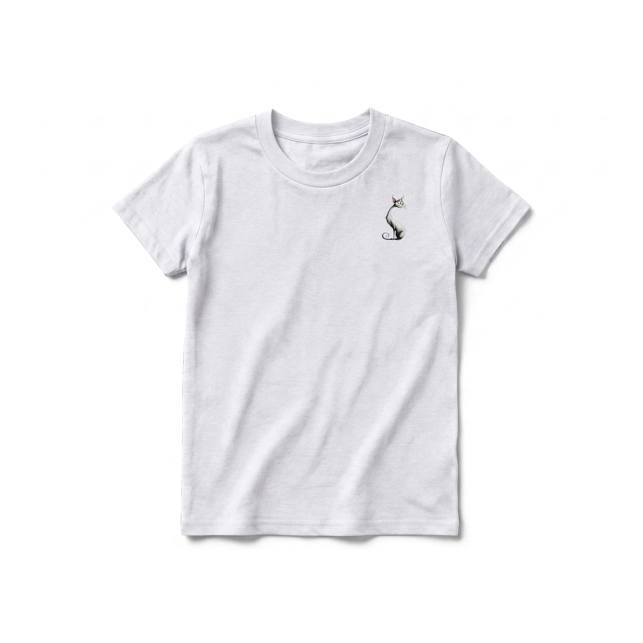 A ash grey short-sleeve crewneck t-shirt for youth featuring a graphic of a cat on the left chest.