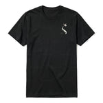 A black short-sleeve crewneck t-shirt for adult featuring a graphic of a cat on the left chest.