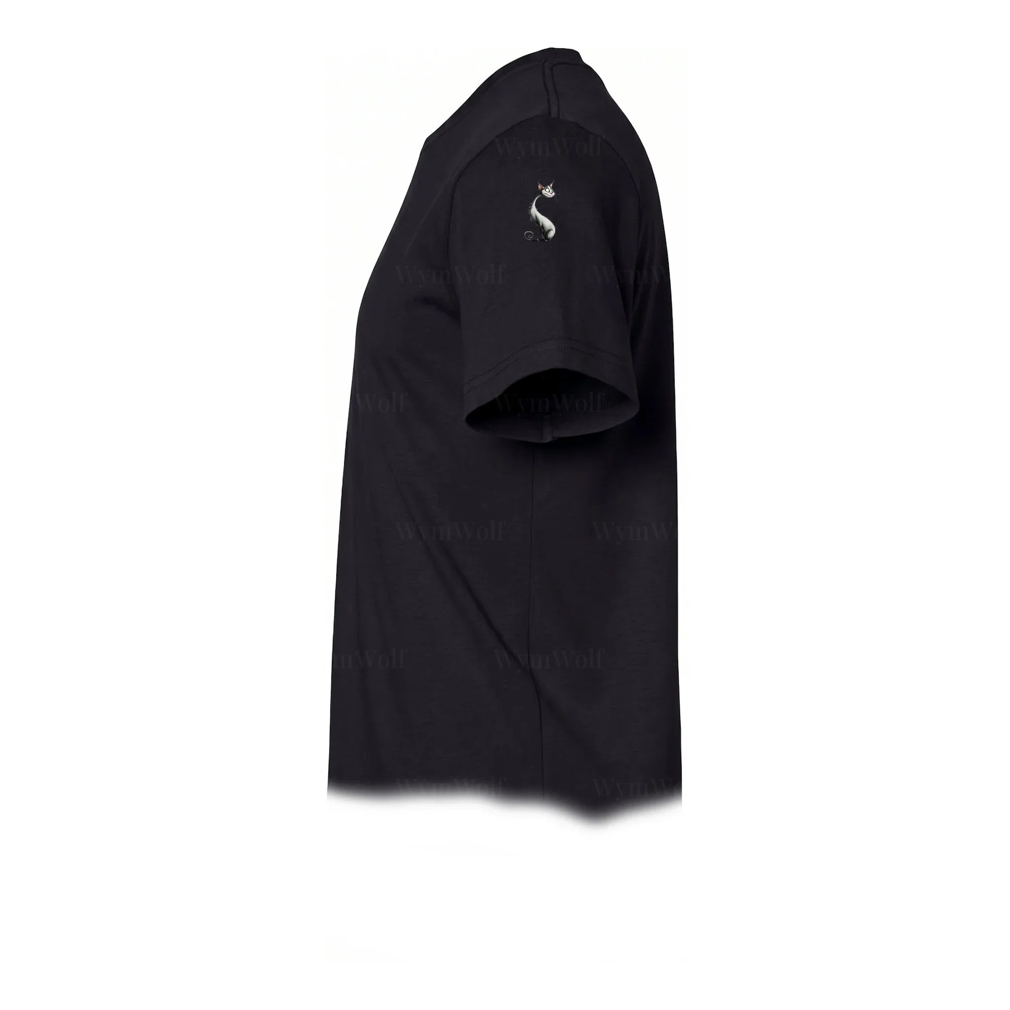 A black short-sleeve crewneck t-shirt  featuring a small graphic of a cat on the upper left sleeve.