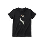 A black short-sleeve crewneck t-shirt for youth featuring a graphic of a cat on the front.