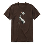 A chocolate short-sleeve crewneck t-shirt for adult featuring a graphic of a cat on the front.