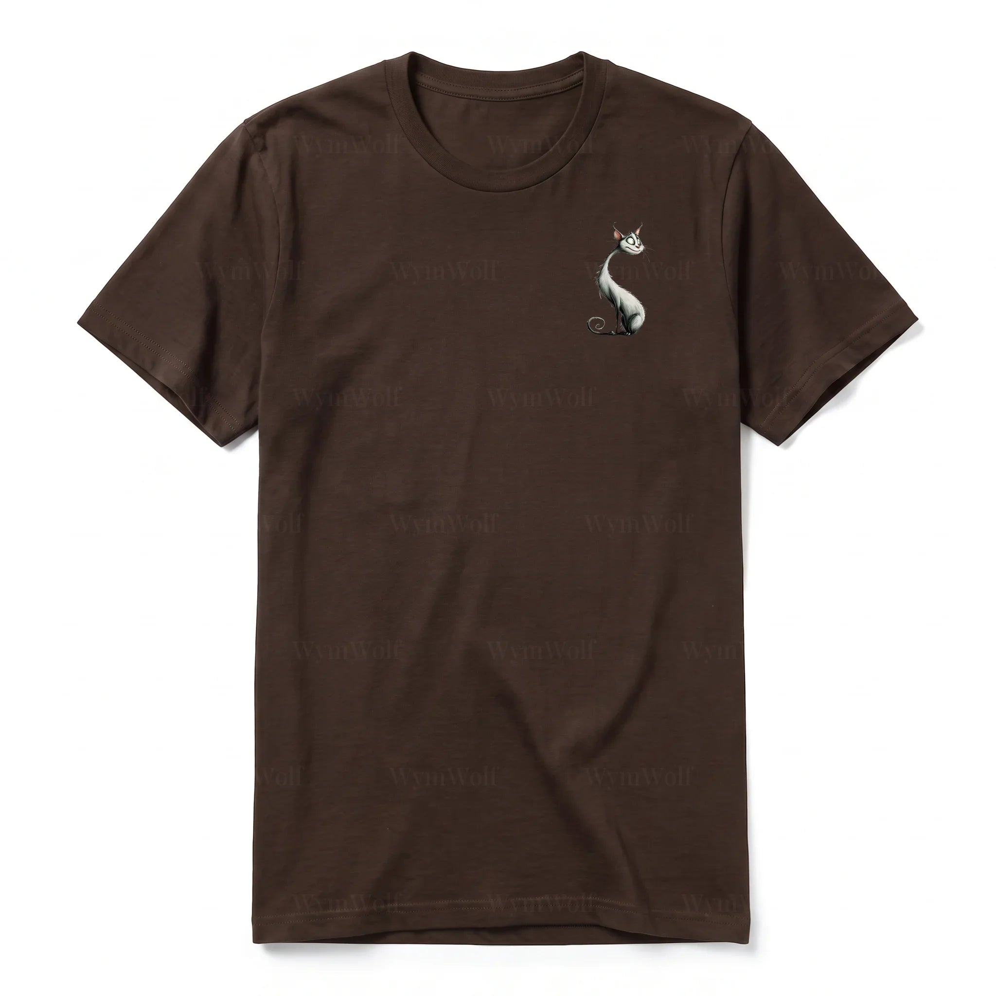 A chocolate short-sleeve crewneck t-shirt for adult featuring a graphic of a cat on the left chest.