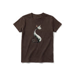 A chocolate short-sleeve crewneck t-shirt for youth featuring a graphic of a cat on the front.