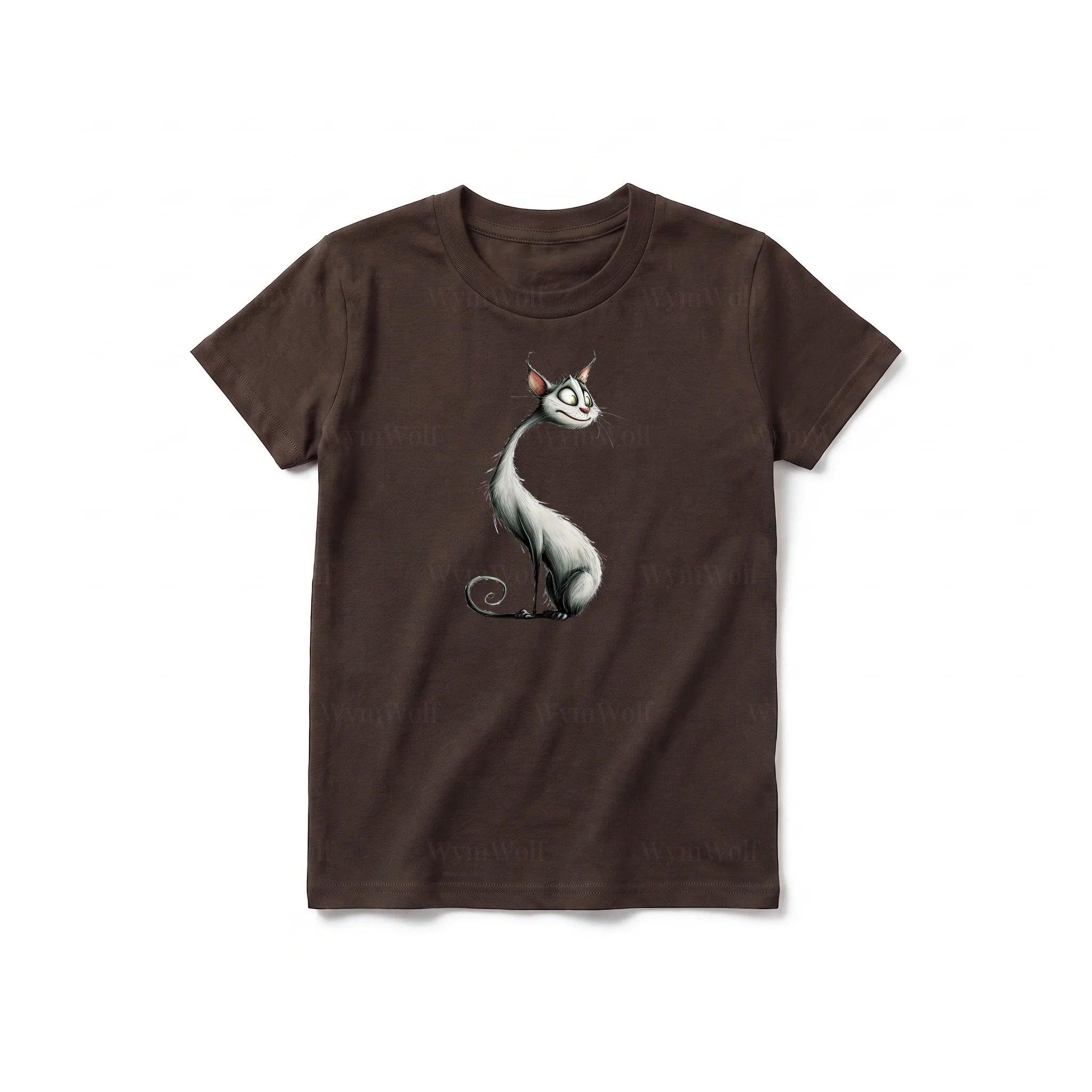 A chocolate short-sleeve crewneck t-shirt for youth featuring a graphic of a cat on the front.