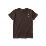 A chocolate short-sleeve crewneck t-shirt for youth featuring a graphic of a cat on the left chest.