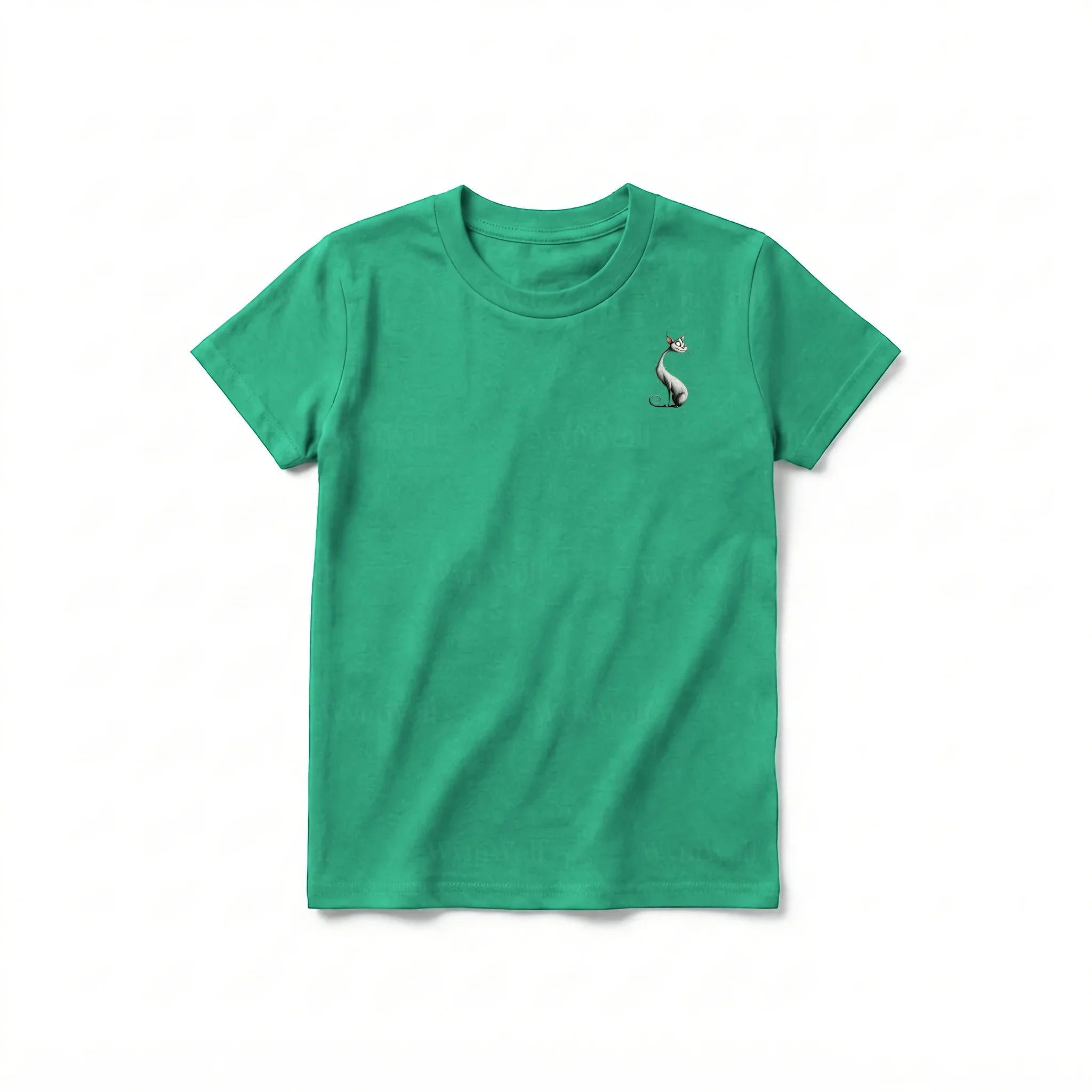 Un T-shirt kelly à manches courtes et col rond pour jeune, orné d'un motif représentant un chat sur la poitrine gauche.