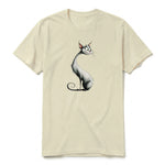 A latte short-sleeve crewneck t-shirt for adult featuring a graphic of a cat on the front.