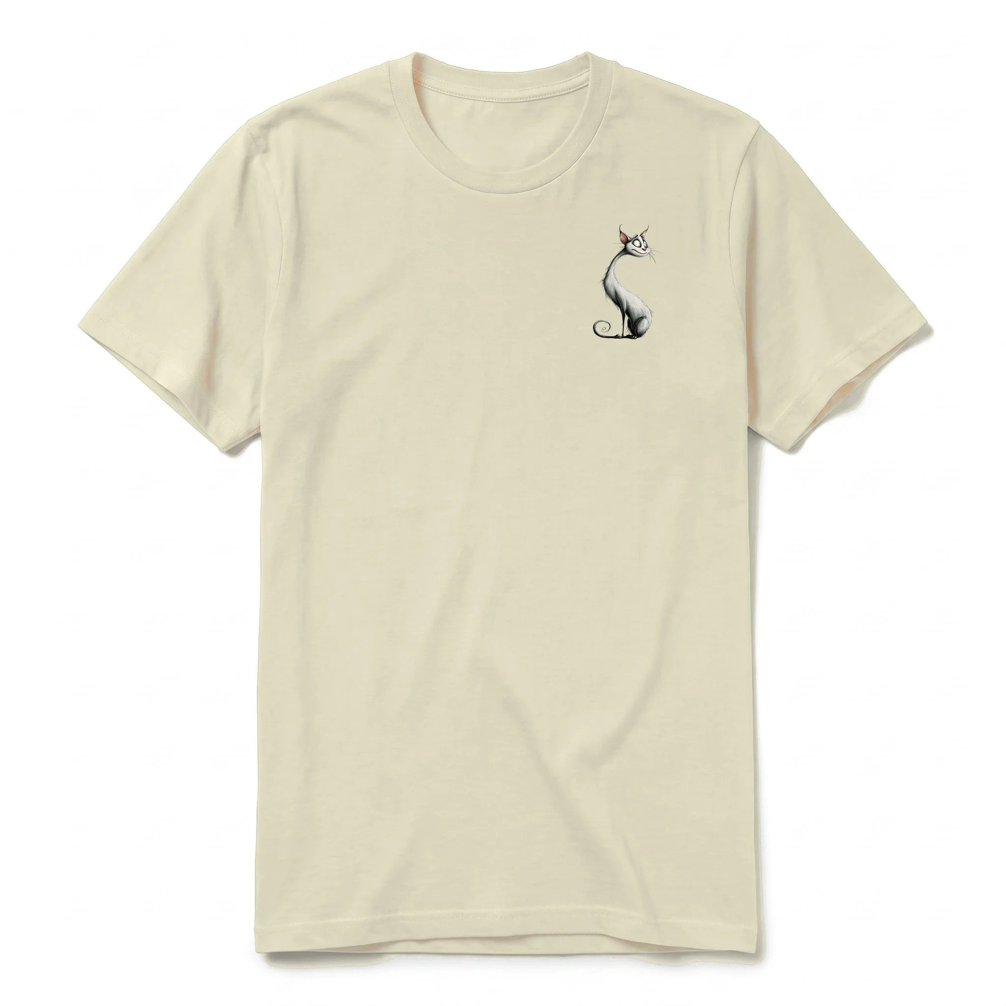A latte short-sleeve crewneck t-shirt for adult featuring a graphic of a cat on the left chest.