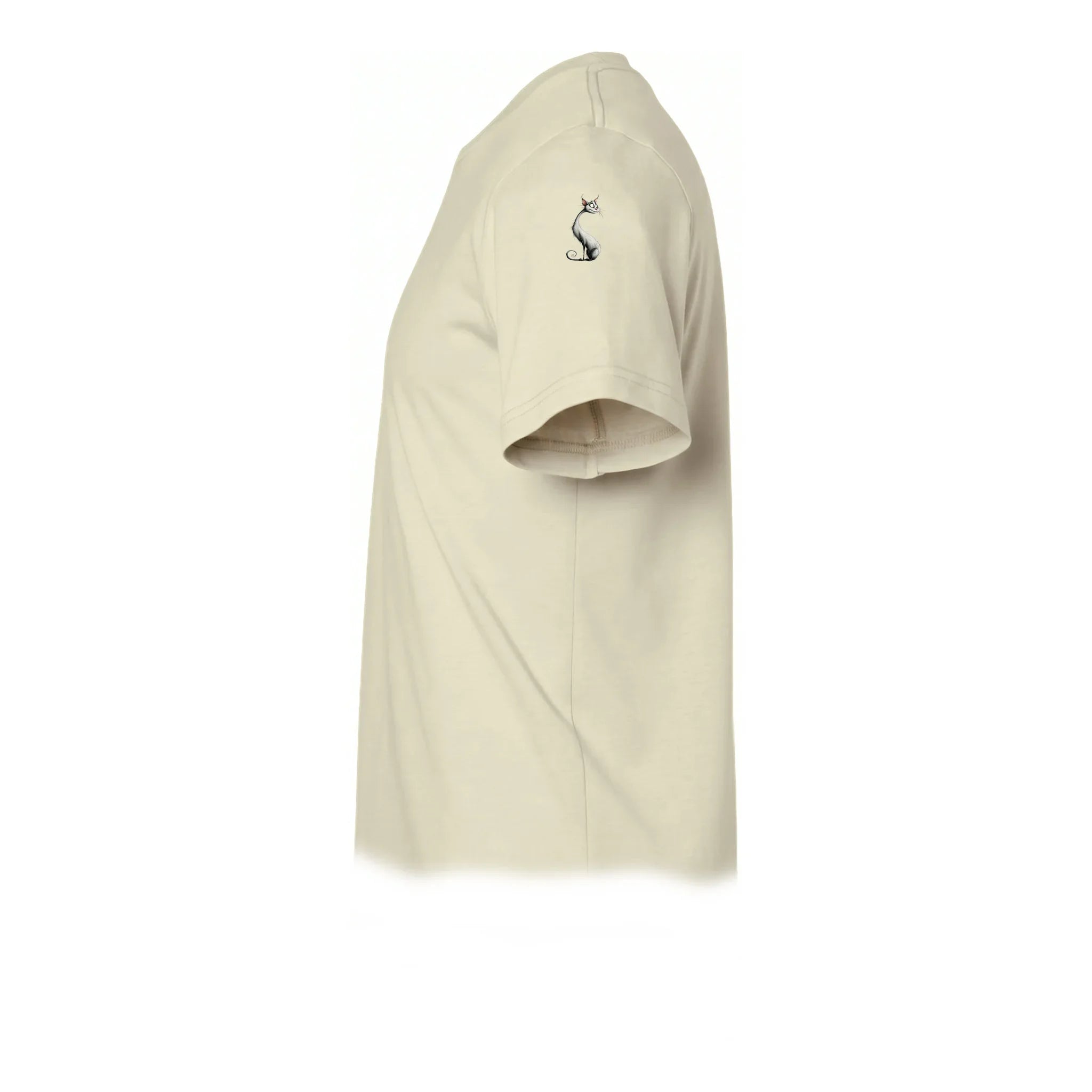 A latte short-sleeve crewneck t-shirt  featuring a small graphic of a cat on the upper left sleeve.