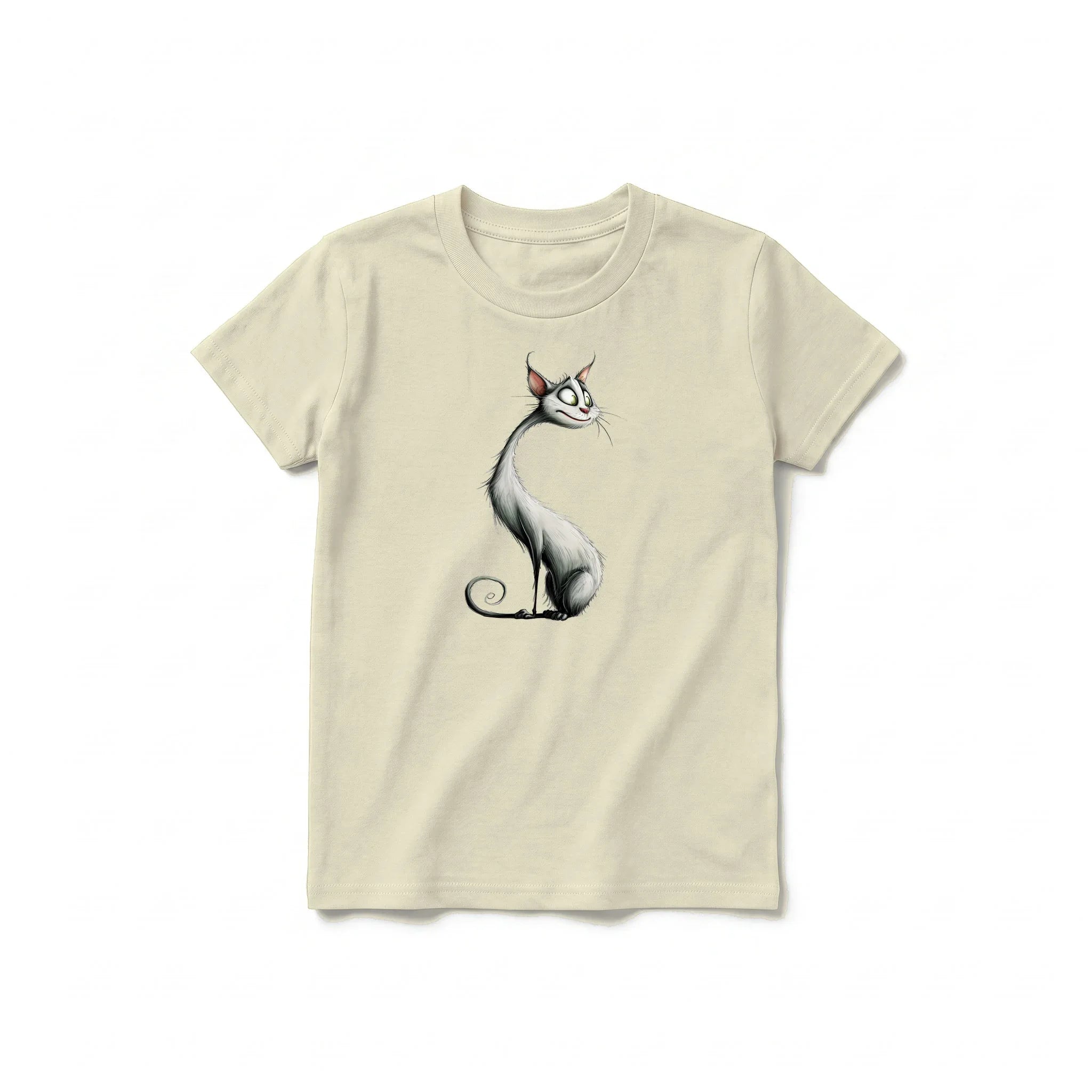 A latte short-sleeve crewneck t-shirt for youth featuring a graphic of a cat on the front.