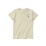 A latte short-sleeve crewneck t-shirt for youth featuring a graphic of a cat on the left chest.