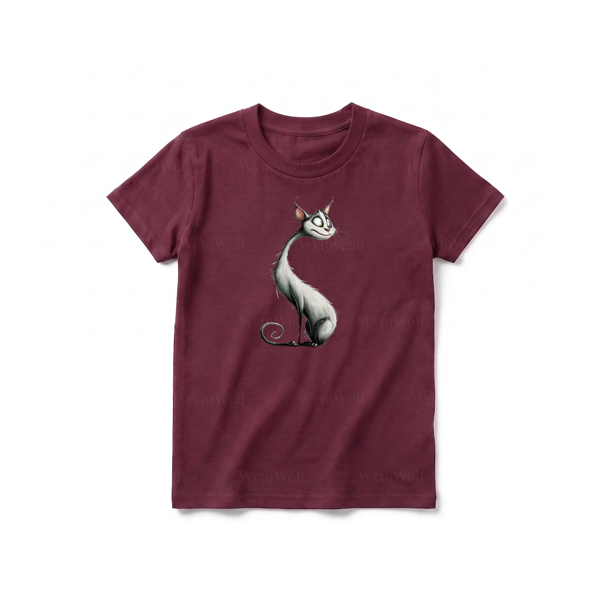 Un T-shirt marron à manches courtes et col rond pour jeune, orné d'un motif représentant un chat sur le devant.