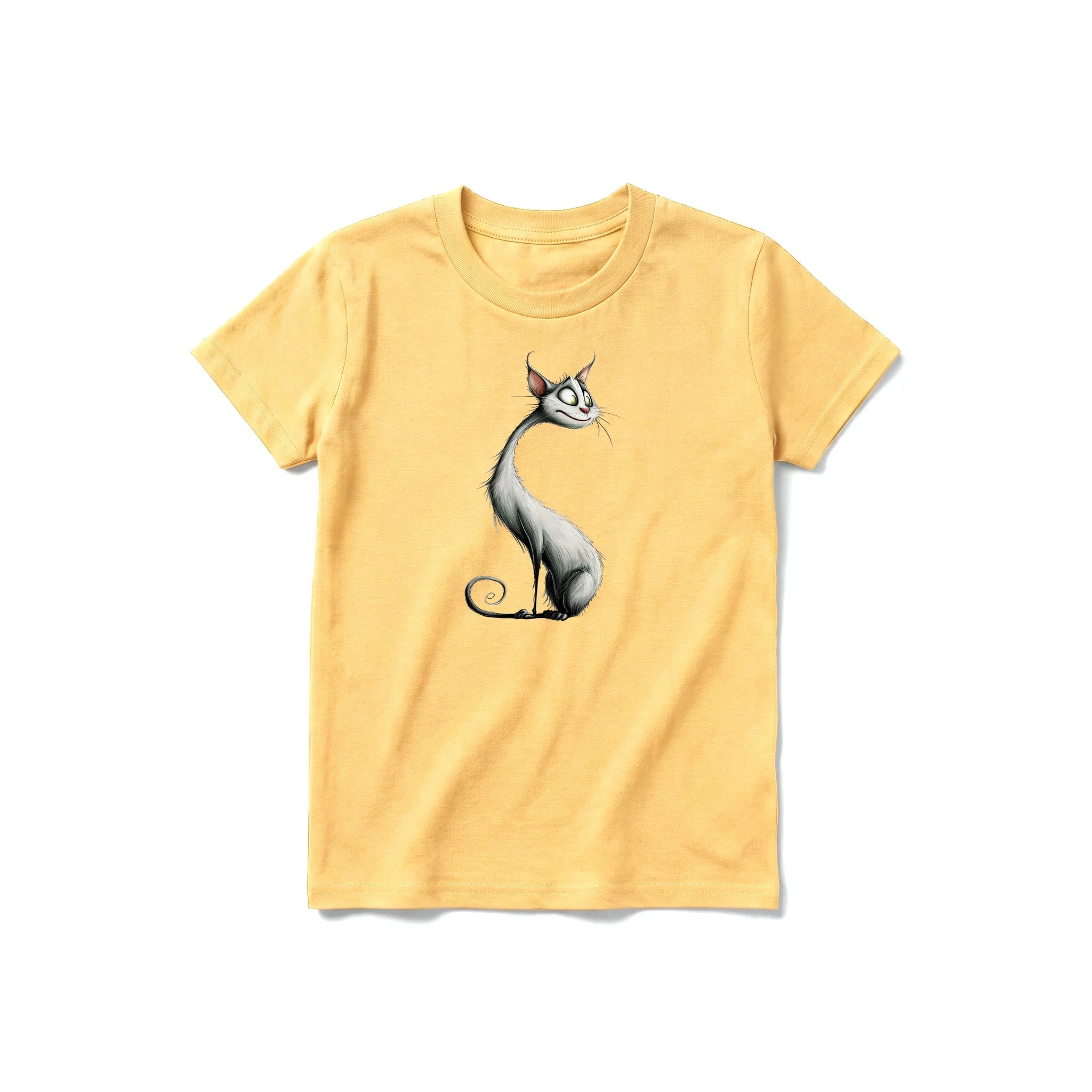 Un T-shirt moutarde à manches courtes et col rond pour jeune, orné d'un motif représentant un chat sur le devant.