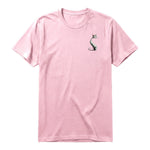 A pink short-sleeve crewneck t-shirt for adult featuring a graphic of a cat on the left chest.