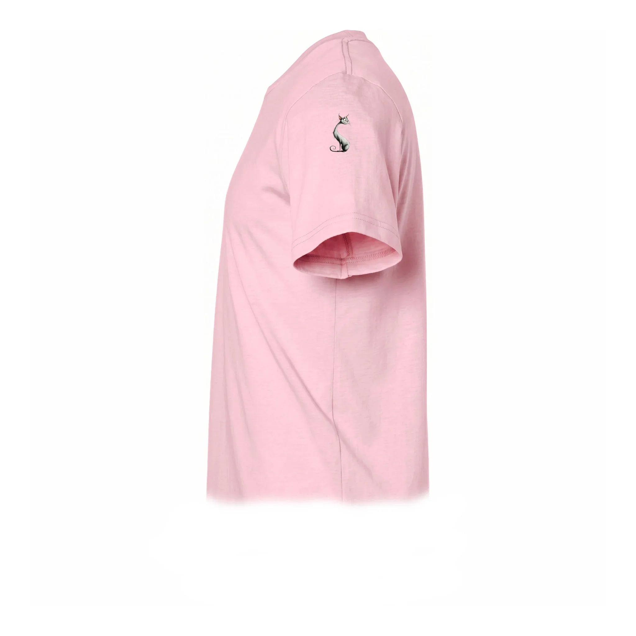 A pink short-sleeve crewneck t-shirt  featuring a small graphic of a cat on the upper left sleeve.