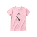 A pink short-sleeve crewneck t-shirt for youth featuring a graphic of a cat on the front.