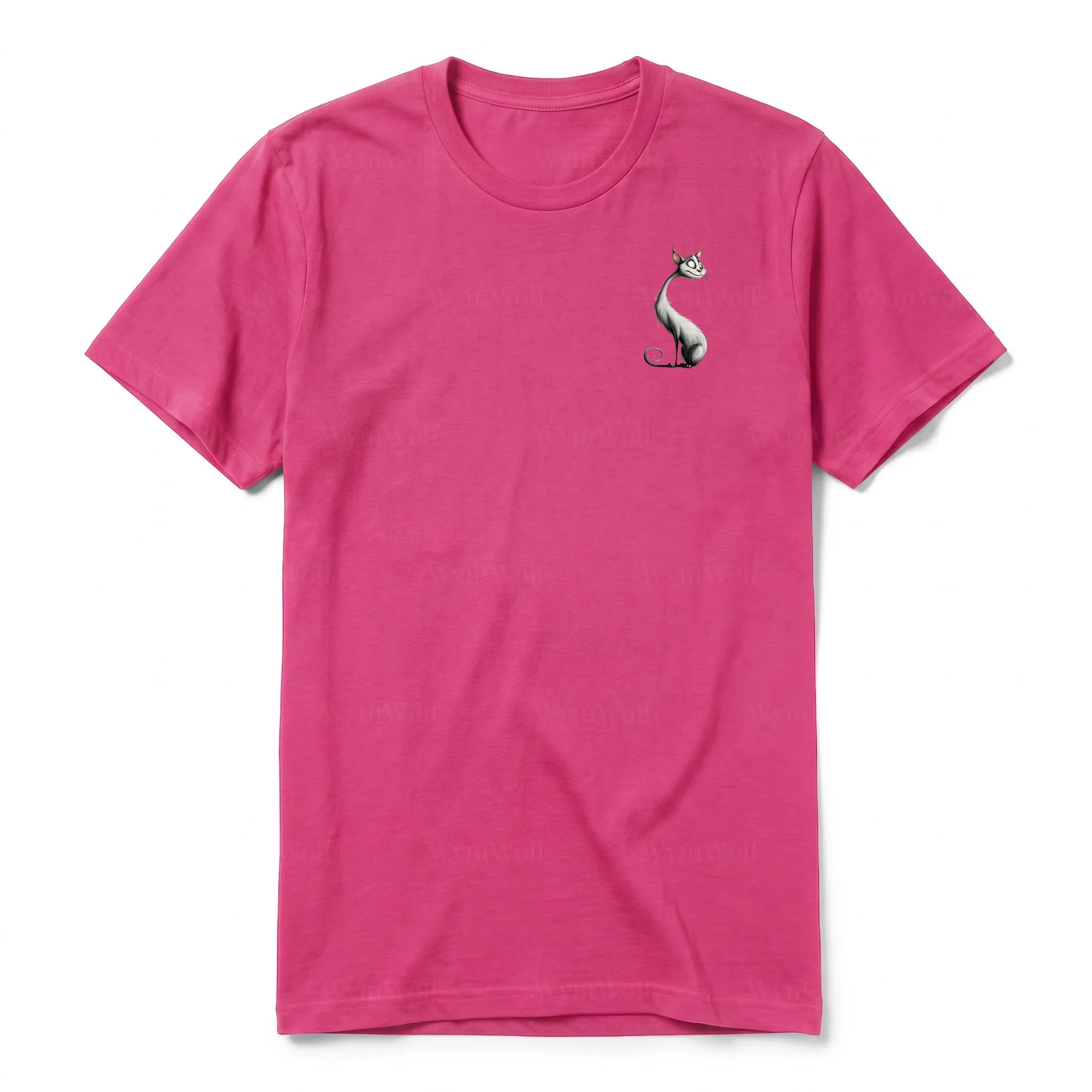 A raspberry short-sleeve crewneck t-shirt for adult featuring a graphic of a cat on the left chest.