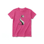 A raspberry short-sleeve crewneck t-shirt for youth featuring a graphic of a cat on the front.