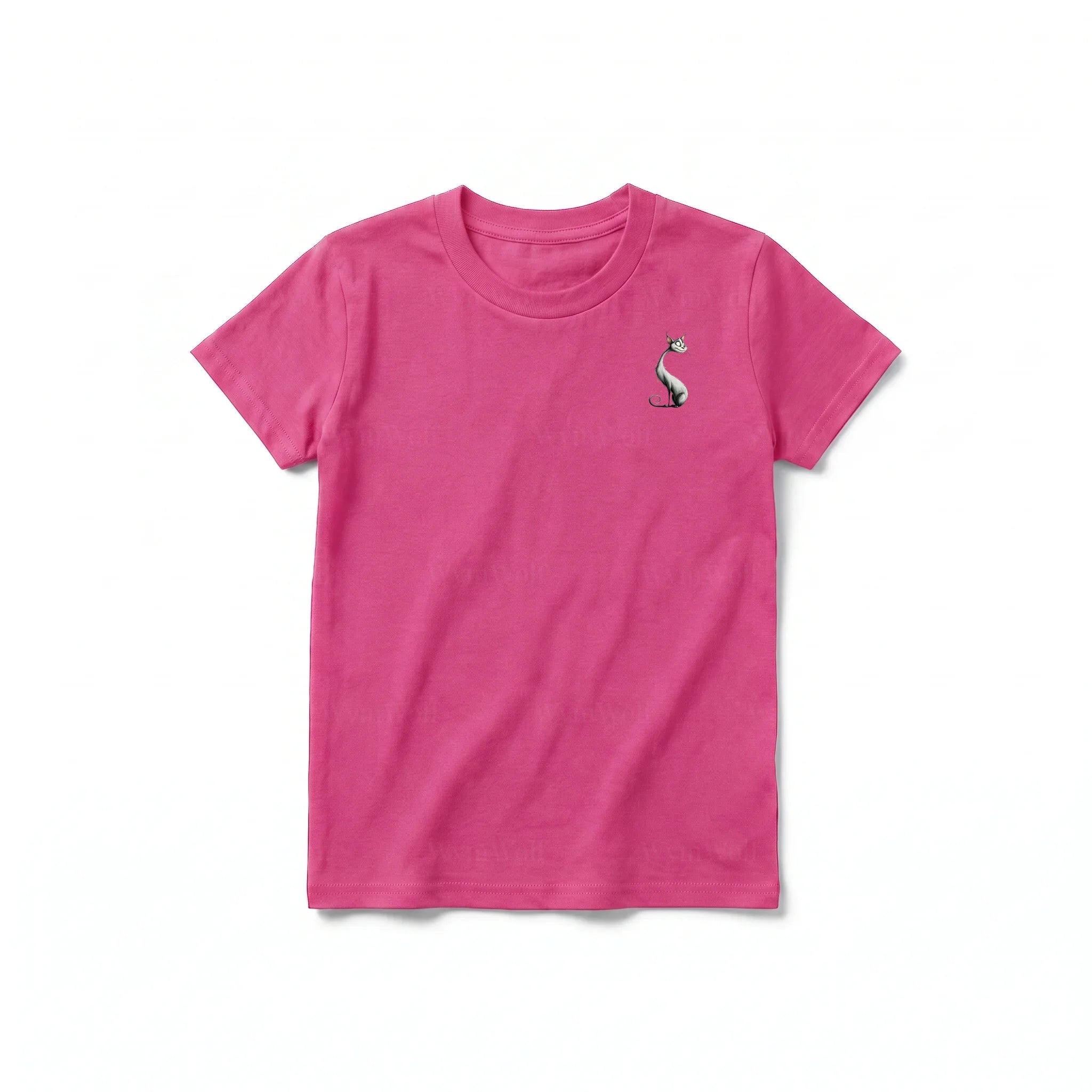 A raspberry short-sleeve crewneck t-shirt for youth featuring a graphic of a cat on the left chest.